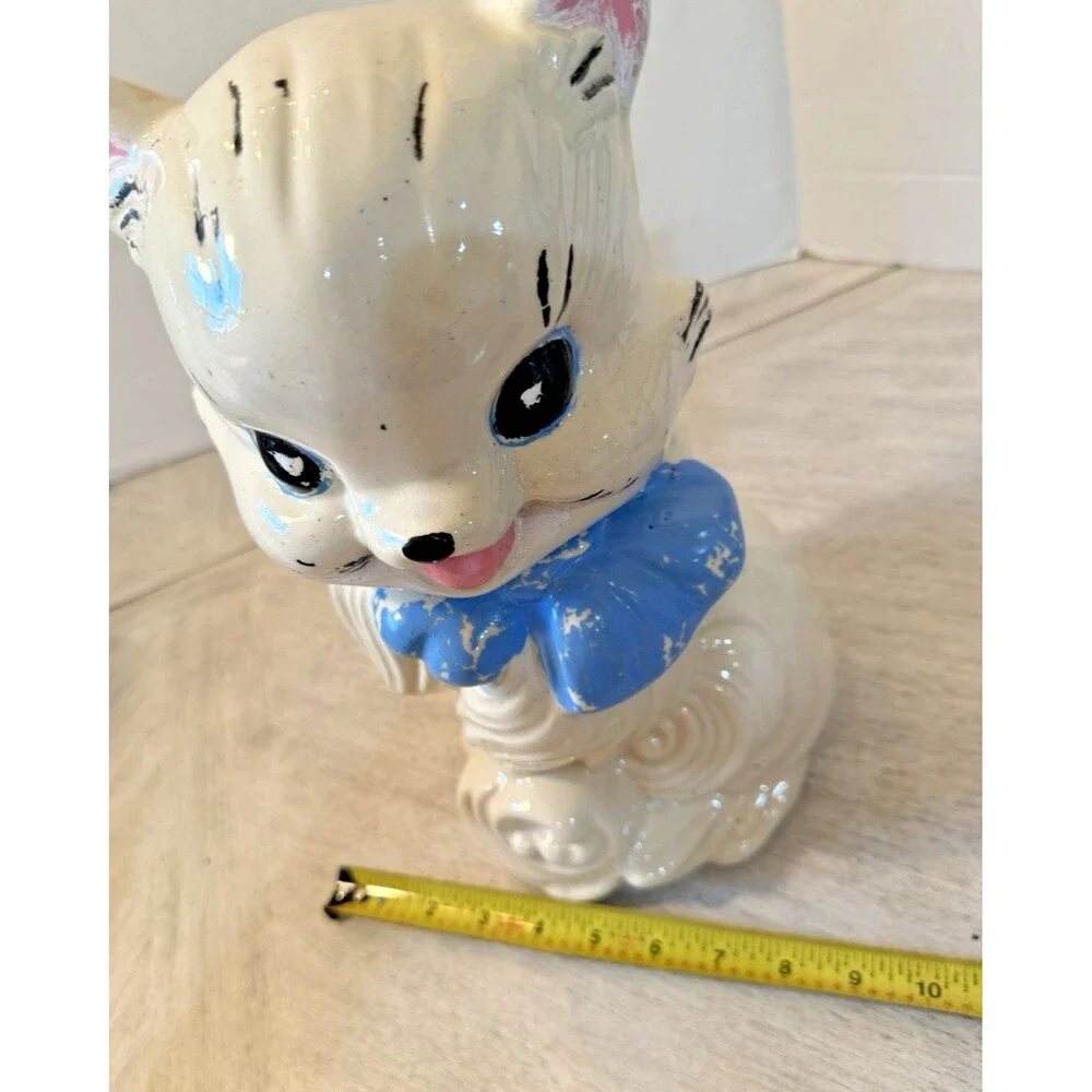 Vintage American Bisque Fluffy Cat Cookie Jar Blue Bow 1940s 1950s Pottery USA